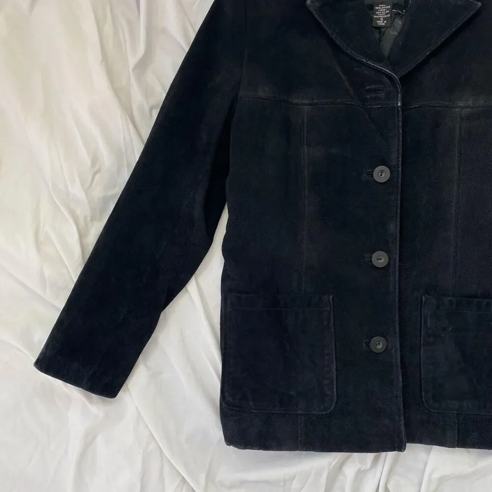 NY & Co Vintage Black Suede Tailored Button Up Elegant Boho Leather Jacket S - Picture 3 of 7